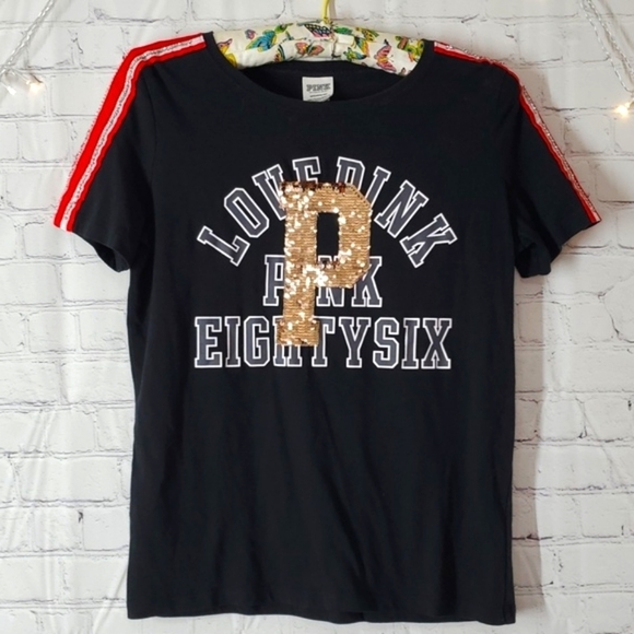 PINK Victoria's Secret Tops - 2018 Victoria's Secret PINK Sequin Rhinestone Black Red Tee Tshirt Size Small